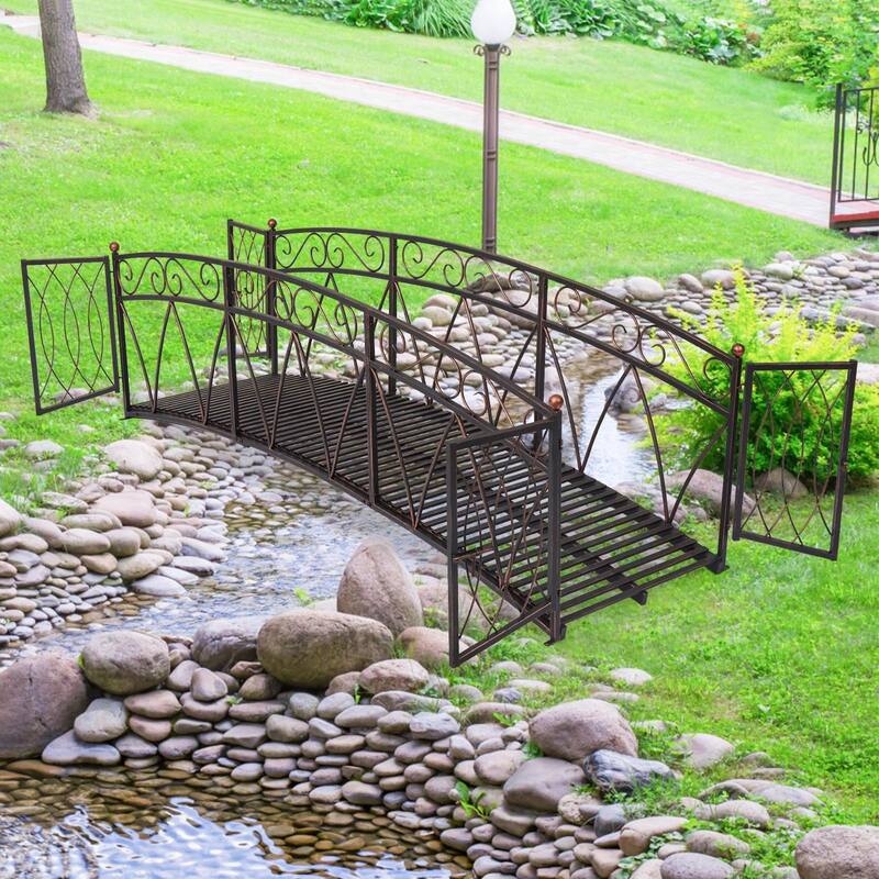 8 Ft Metal Garden Bridge w/Gate and Siderails, Long Iron Garden Arch Bridge Footbridge for Creek, Stream, Fish Pond, Black