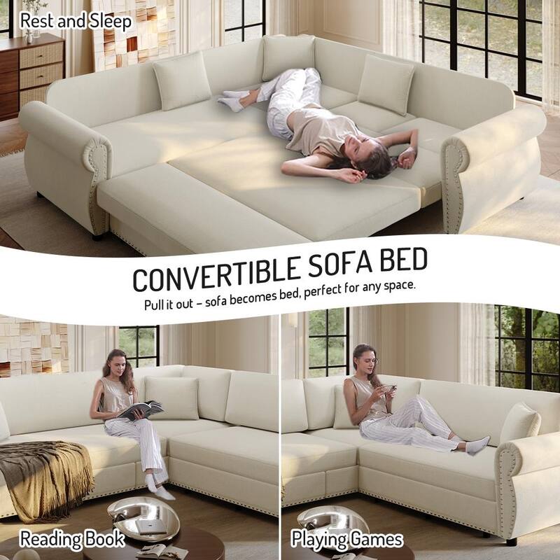 88.2" L-Shaped Sleeper Sectional Sofa with Pull-Out Bed - Chenille Convertible Couch, Nailhead Trim, for Living Room