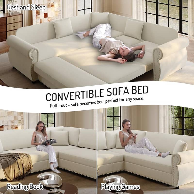 Homy Casa L-Shaped Sectional Sofa w/ Pull-Out Bed, Chenille Sleeper Couch w/ Nailhead Trim & Rolled Arm, Oversize