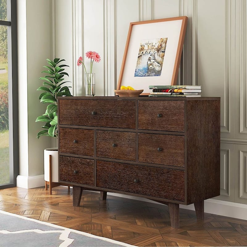 Modern Auburn Solid Wood Dresser Chest of Drawers with Retro Round Handle