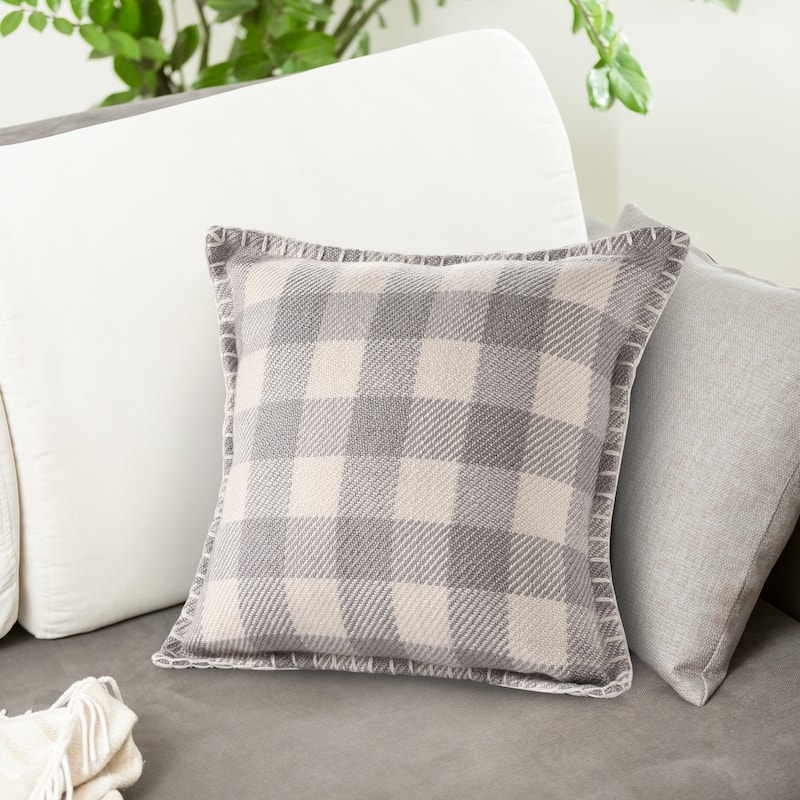 Sevita Hand-Woven Light Gray/Ivory Plaid Polyester Indoor/Outdoor Throw Pillow
