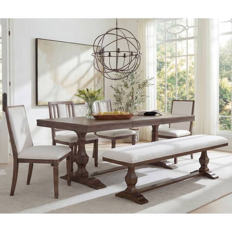 6-pieces Farmhouse Dining Table for 6, 74.8" Kitchen Table Set with 4 Chairs and Bench, Solid Wood Legs and Cushion Seat - Bench & ChairBD