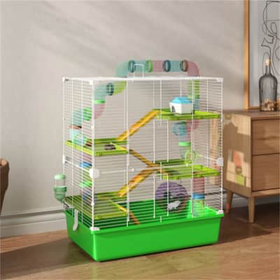 Green-White Steel Hamster Cage with 5 Tiers, Tubes and Accessories - 23.25" L x 14.25" W x 27.25" H