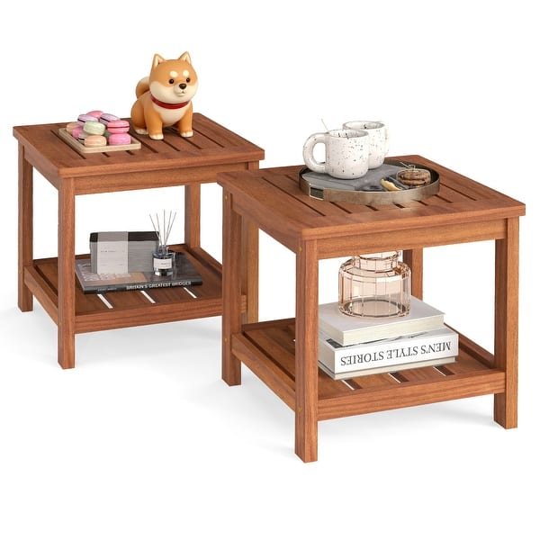 slide 2 of 10, Gymax 2PCS 2-Tier Adirondack Side Table w/ Slatted Tabletop Storage Natural