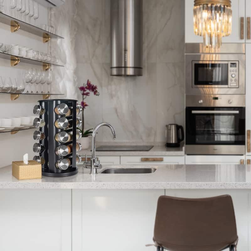 Black Countertop Revolving Spice Rack,Empty 20-Jars Rotating Spice Rack Organizer,Round Carousel Tower, 135 Spice Labels