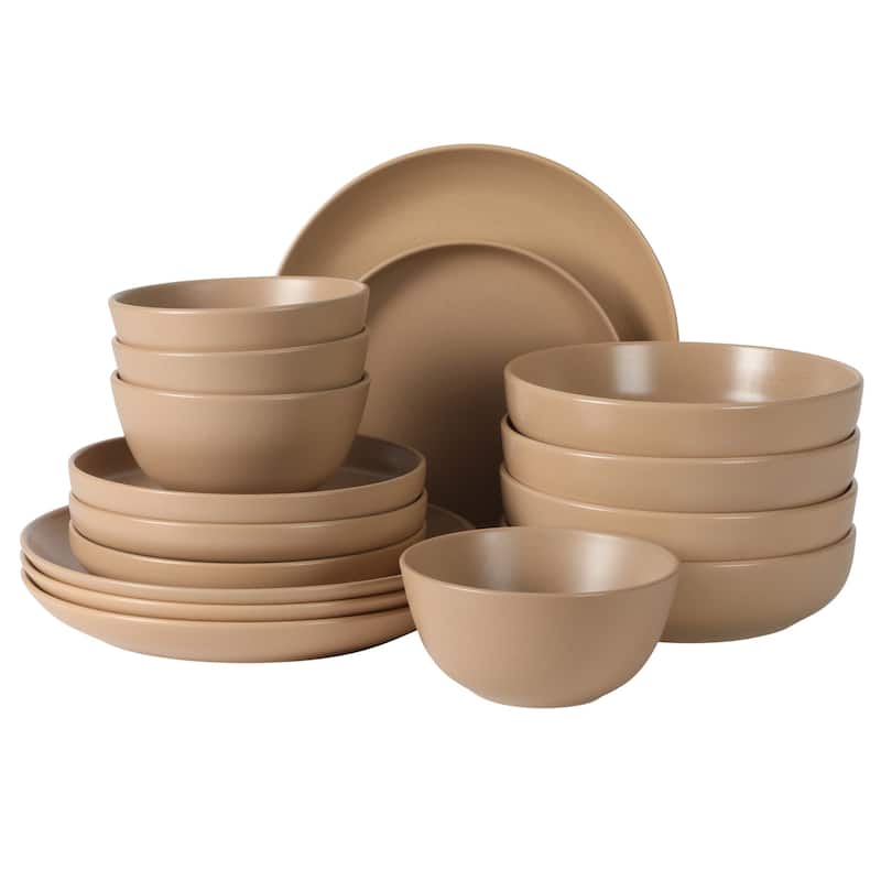 Gibson Elite Leeds Court Plates and Bowls Sets, 16-Piece Stoneware Dinnerware Sets, Round Speckle Reactive Glaze Dish Set - White