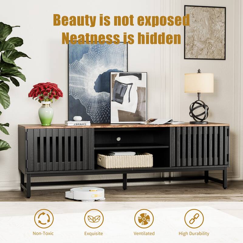 GDFStudio Tharivol 63" Wood Media TV Stand with Slatted Grille Striped Doors