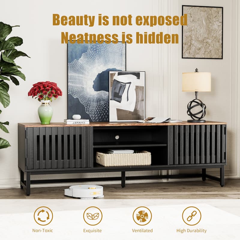 TV Stand with Grille-Striped Doors, Entertainment Center with Open Shelves, Media Console Table with Metal Legs