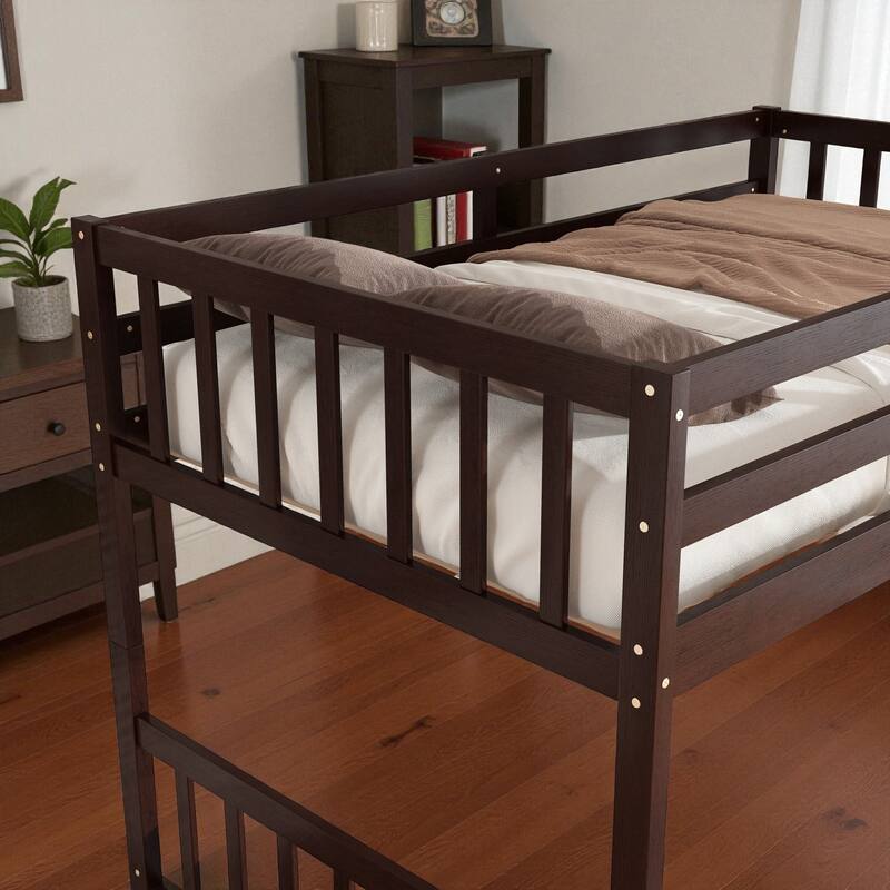 Twin Over Twin Rubber Wood Bunk Bed with 2 Drawers, Convertible into 2 Twin Beds, Ladder and Safety Guardrails