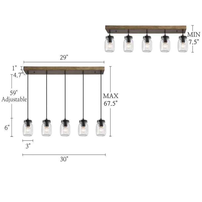 Modern Rustic Mason Jar Glass Kitchen Island Pendant Lights Farmhouse 5-light Bar Chandelier - L29" * W4.72" * H69"