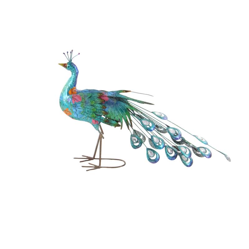 Teal Metal Indoor Outdoor Peacock Decorative Garden Sculpture with Crystal Accents