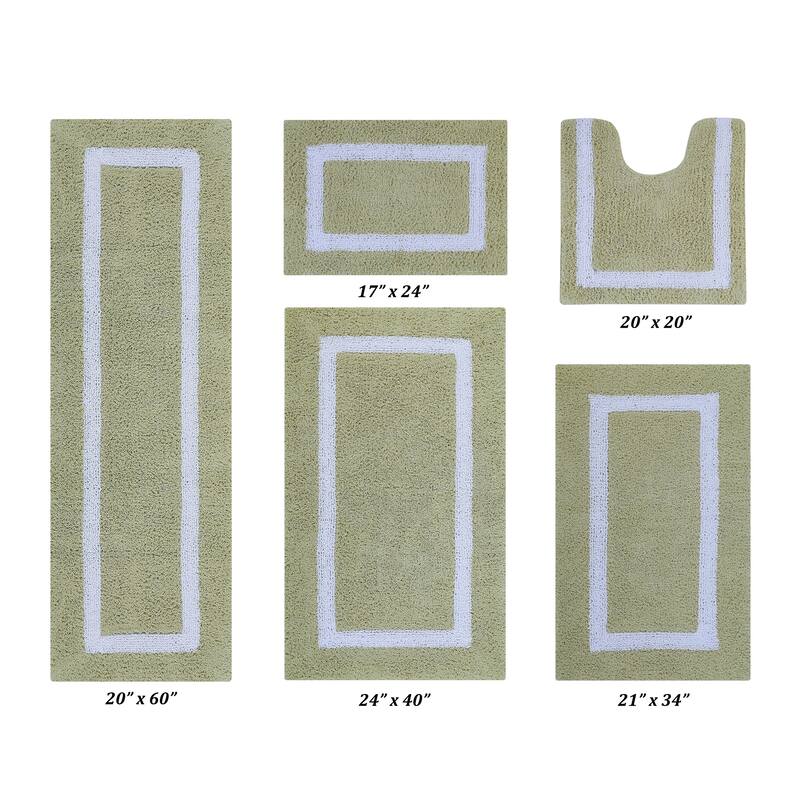 Better Trends Hotel Collection in Race Track 100% Cotton Super Absorbent Reversible Double Sided Machine Washable Bath Mat Rug - 5 PC Set 17"x24"|20"x20"|21"x34"|24"x40"|20"x60" - Sage & White