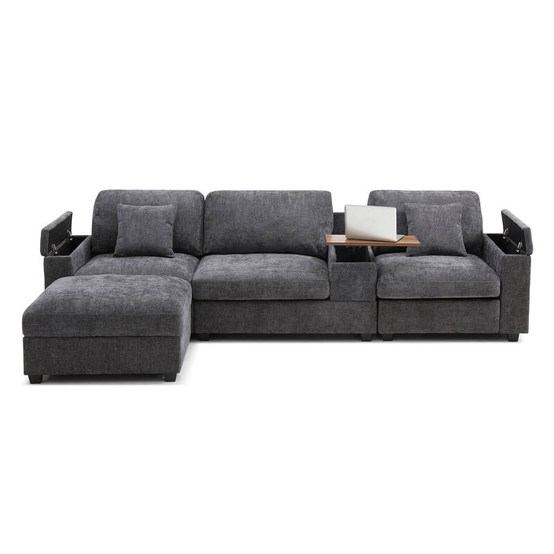 120.3" L-Shaped Sectional Sofa with Wide Seats, USB Charging, Foldable 360掳 Tray, Cup Holders, Storage Ottoman & Armrest