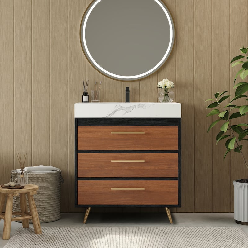 GDFStudio - Athens Modern 29.9" Freestanding Bathroom Vanity with Sintered Stone Top, Ceramic Vessel Sink & Stainless Steel Legs