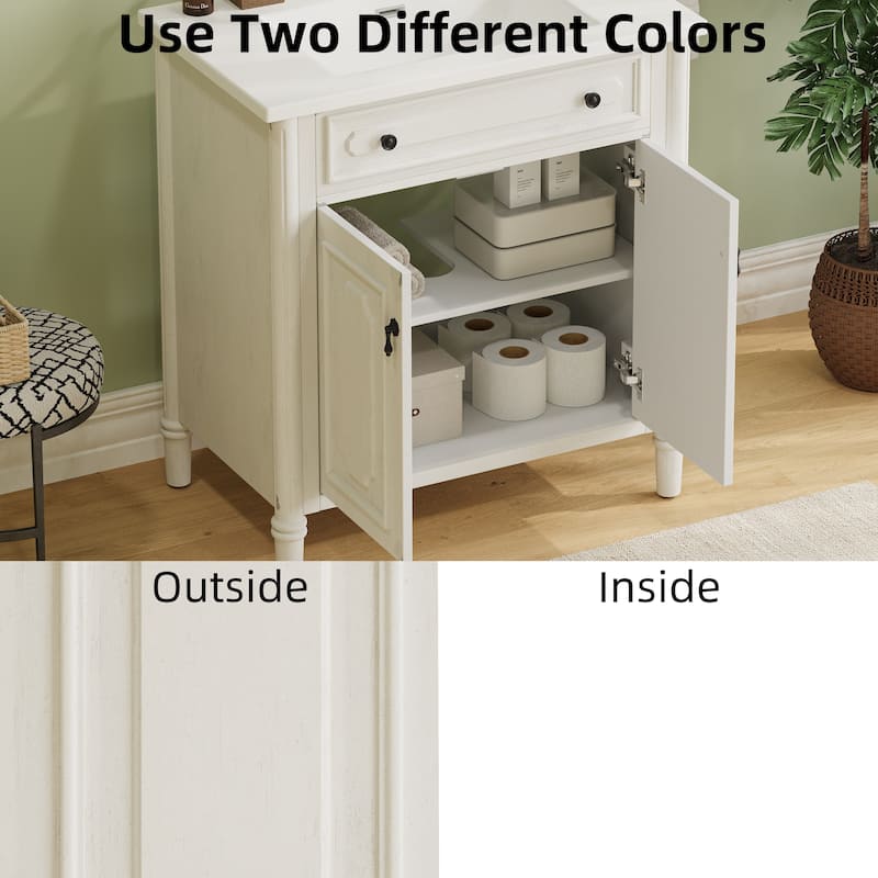 31 Inch Vintage Bathroom Vanity with Sink Soft Close Doors Adjustable Shelf Rubber Wood Legs, Curved Profile Design
