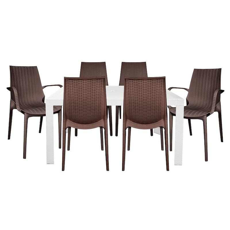 LeisureMod Kent 7-Piece Outdoor Dining Set with 4 Chairs 2 Arm Chairs - 28" - White/Brown