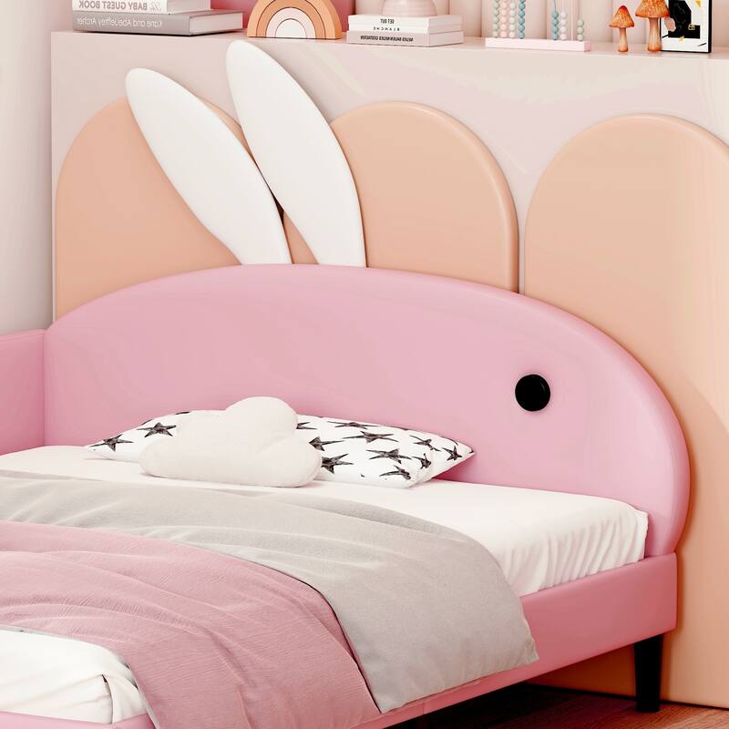 Twin Size Upholstered Rabbit-Shape Daybed with Playful Rabbit Ear Headboard, Soft Pink Sofa Bed for Kids and Teens