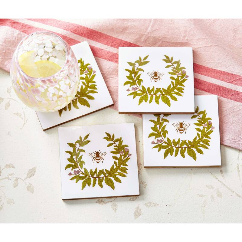 Bee Coaster Set - Multicolor Wooden Coasters for Spring/Summer, Wipe Clean, 4" x 4" x 1", Perfect for Bar Use