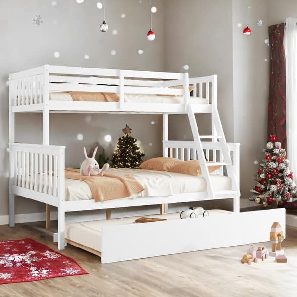 slide 2 of 12, Detachable Rubber Wood Twin Over Full Bunk Bed with Trundle,Convertible Ladder and Guardrail White