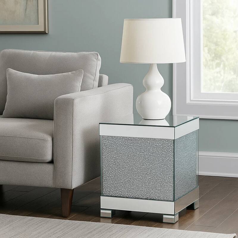 Contemporary Square Wooden End Table with Faux Crystal Inlays, Silver