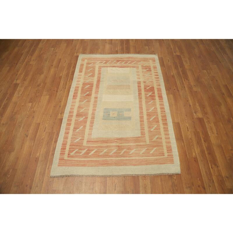 Hand Woven Oriental 100% Wool Carpet Southwestern Tribal Oranges & Rust Kilim Area Rug - 5' 0'' X 3' 5''