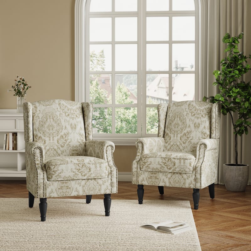 2 Set Transitional Patterned Wingback Accent Chairs with NailHead
