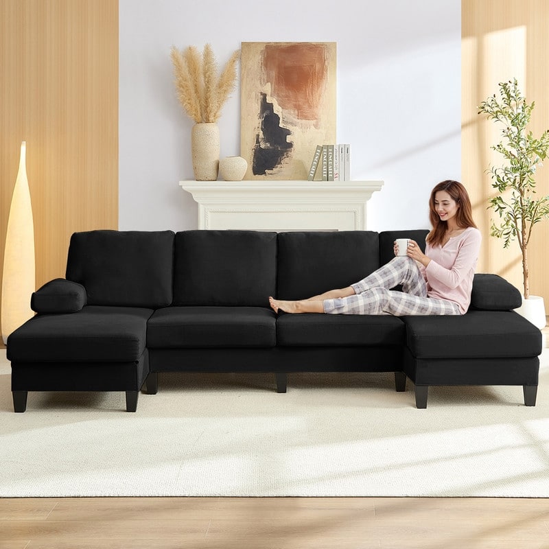 Mixoy W110"Velvet U-Shaped Sectional Sofa Couches,Upholstered 4-Seater Sofa with Double Chaises and Sleepable Armrest