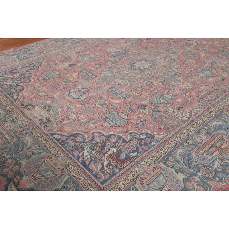 Animals Pink Kashmar Persian Vintage Area Rug Hand-Knotted Wool Carpet - 9'5"x 12'9"