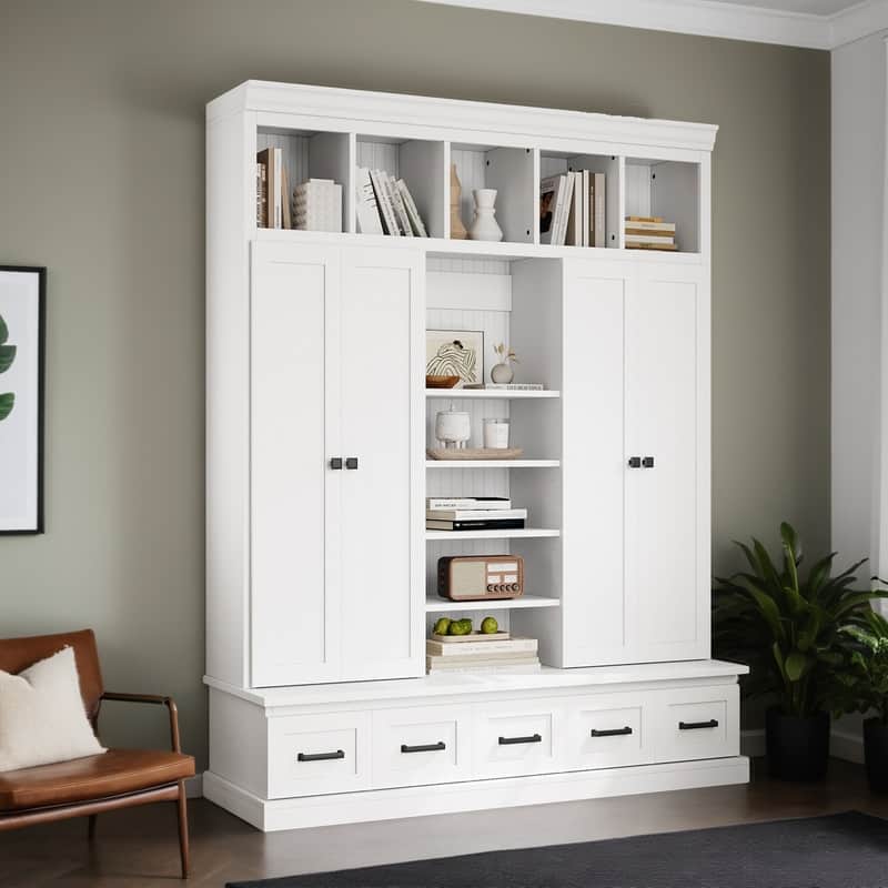 78.7''H Hall Tree with Bench and 5 Storage Cubbies, Modern Entryway Storage Organizer Cabinet , Adjustable Shelves ,Bookshelf