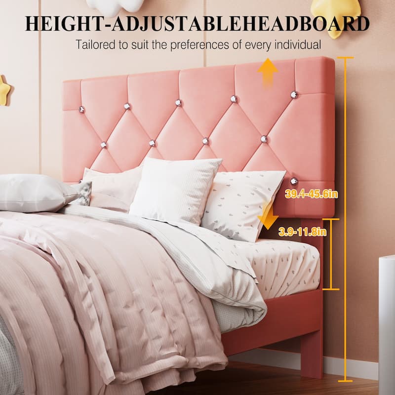 Javlergo 2-Piece Twin Bed Frame Set 39.4-45.3" Adjustable Height PU Leather Headboard with Diamond Embellishment Storage Drawer