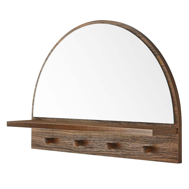 Rancho Modern Walnut Arched Wall Mirror with Shelf and Hooks