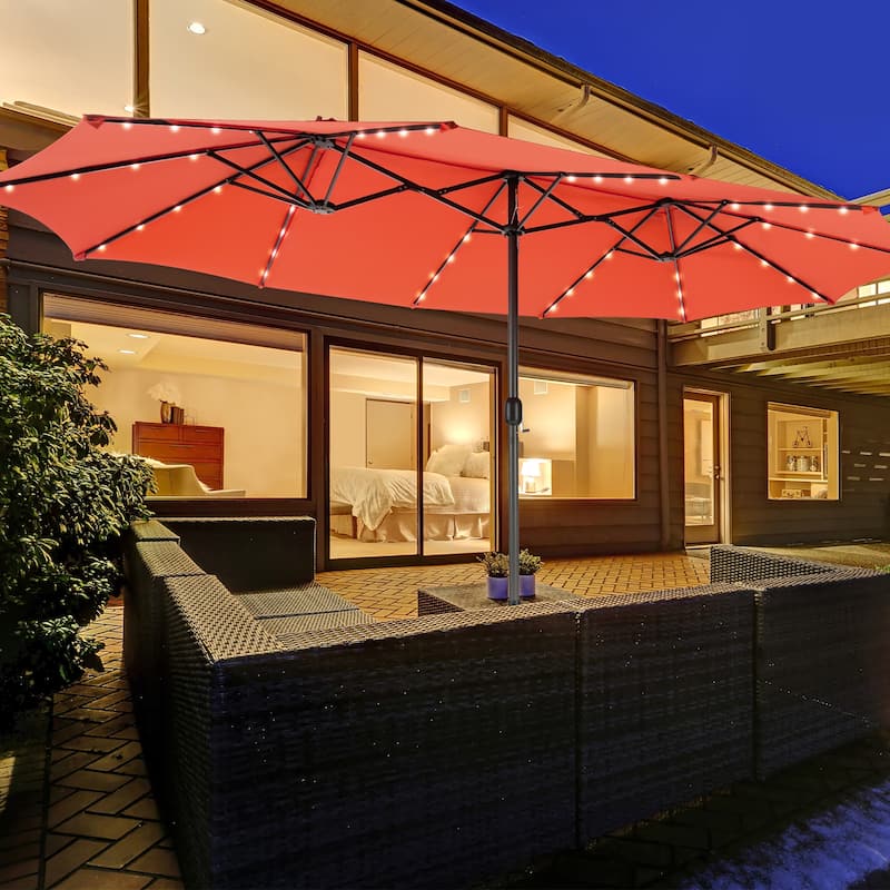 Costway 15FT Twin Patio Double-Sided Umbrella 48 Solar LED Lights - 15.4' x 9.2' x 8'