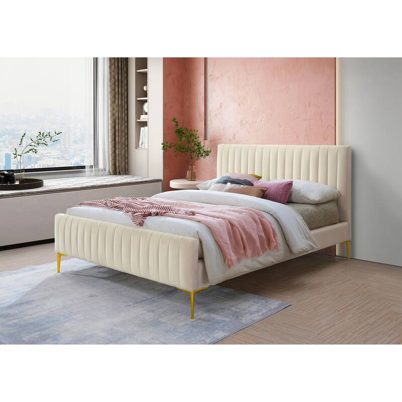Omax Decor Julia Upholstered Platform Bed with Channel Tufted Headboard and Gold Legs