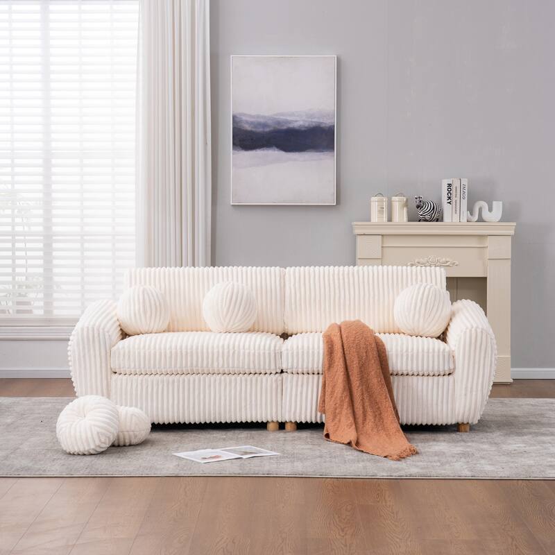 Oversized Corduroy Loveseat Couch Deep Seat Sofa with Solid Wood Frame - White