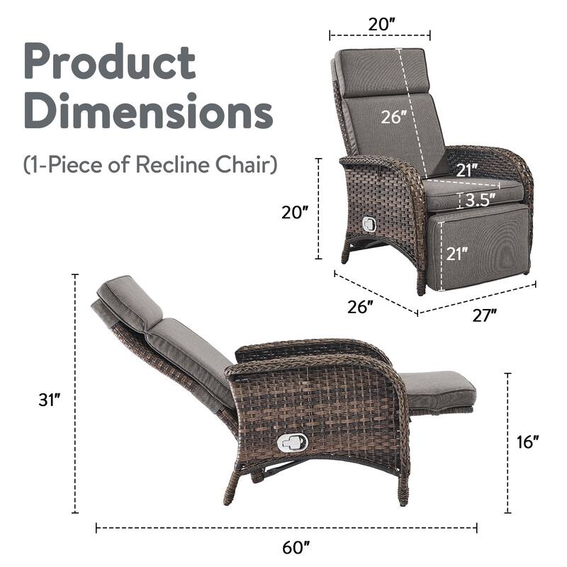 Outdoor Wicker Reclining Lounge Chair Patio Rattan - Brown