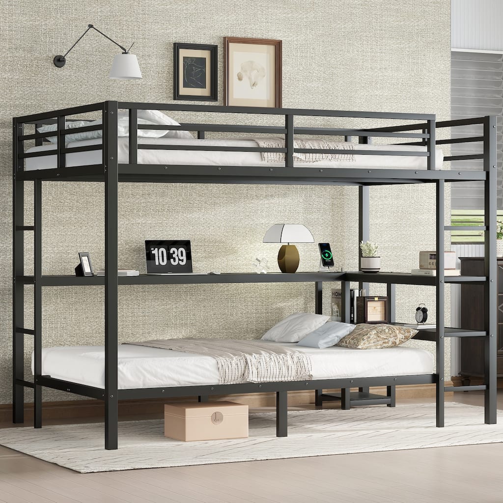 FULL Over Twin Bunk Bed with Desk and Shelves, Multiple Placement, with LED and USB, Black