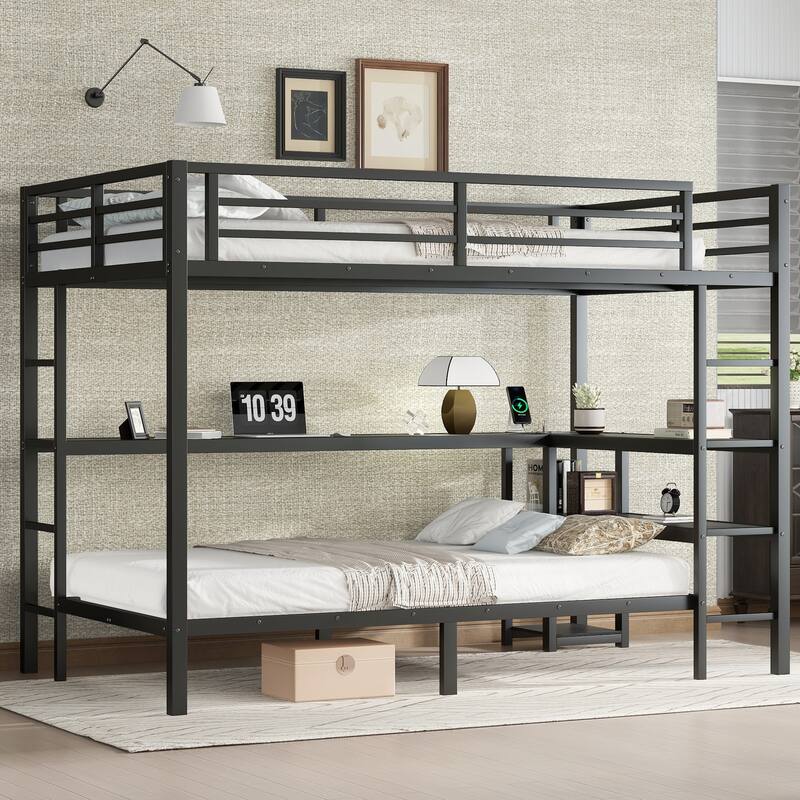 Full Over Twin Bunk Bed with Desk, Shelves, LED, and USB, Black