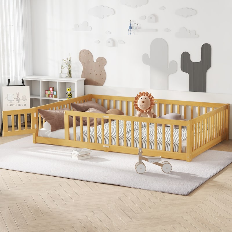 Montessori Toddler Floor Bed with Fence and Switchable Door, Low Profile Bed Frame with Removable Slats, Safe Transition Bed