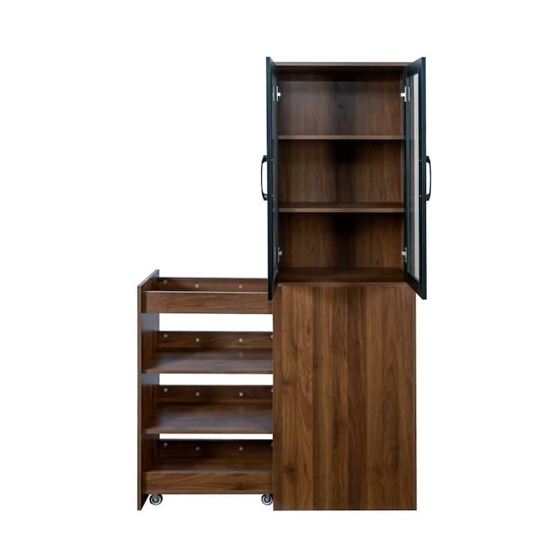 Modern Wooden Bookshelf Display Storage Cabinet with Multi-tier Shelves and 2 Glass Doors