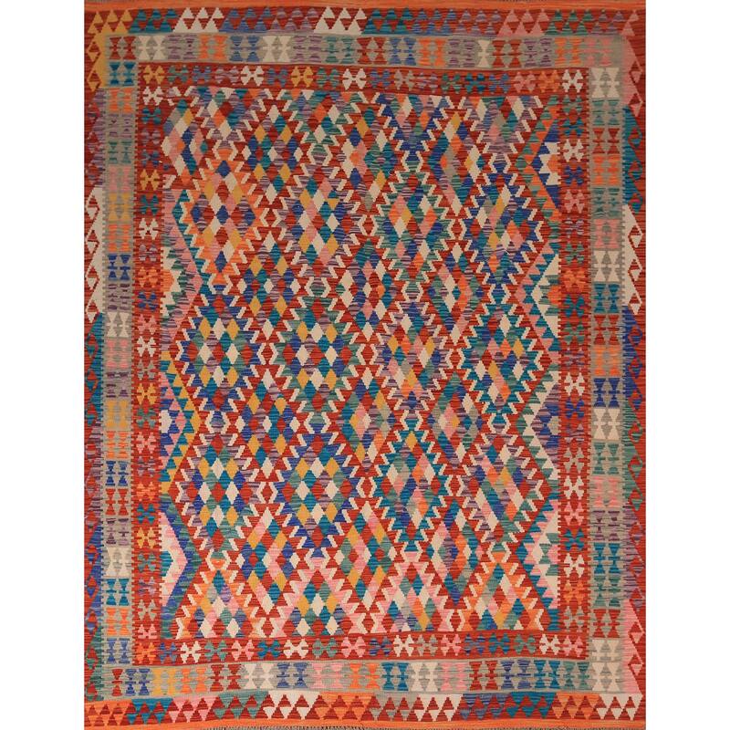 South Western Style Kilim Area Rug Hand-Woven Multi-Color Wool Carpet - 8'1" x 9'10"