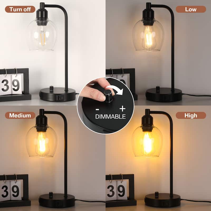 14.5 in. Industrial Table Lamp with Glass Shade with USB Port and Outlet