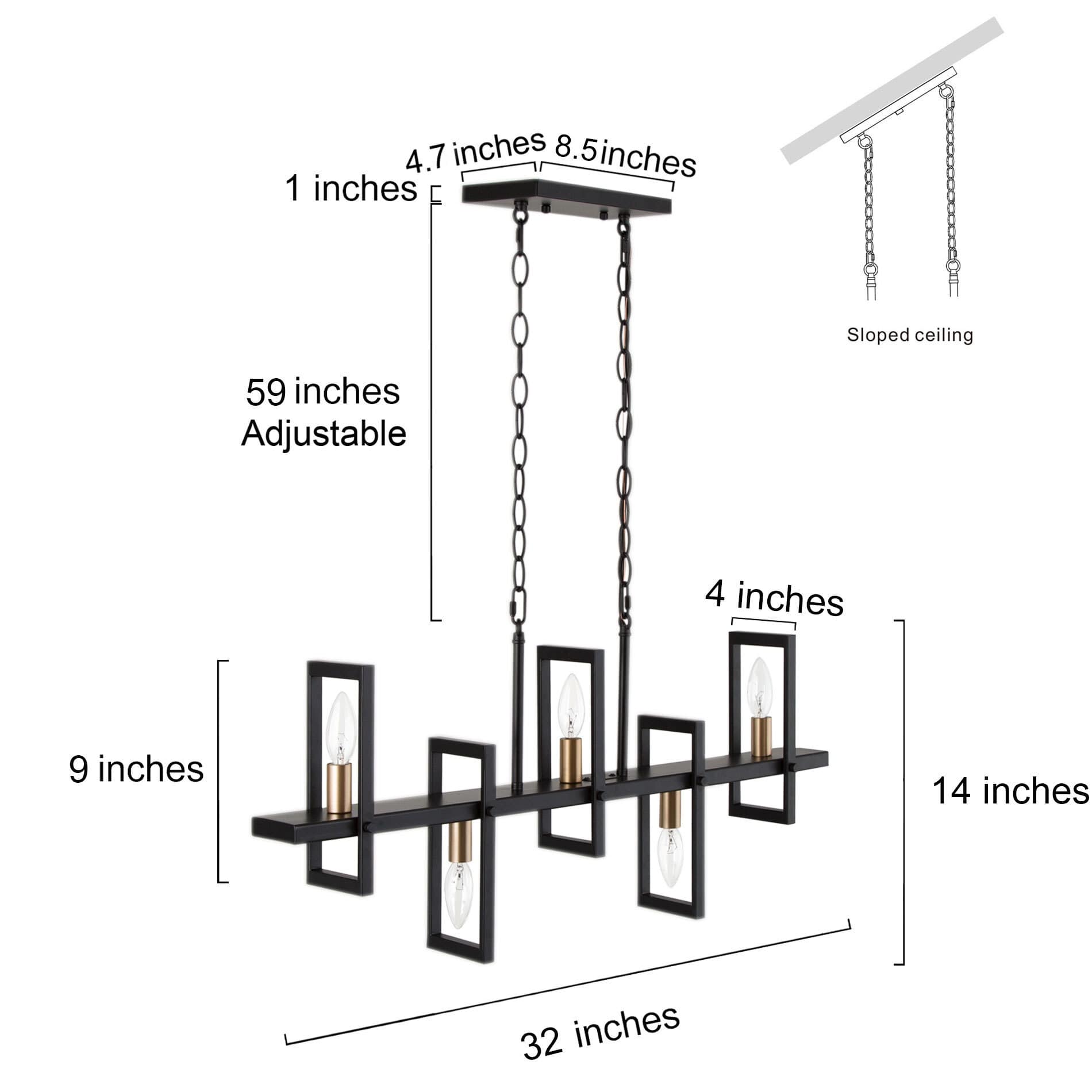 5Light Balck and Gold Square Chandelier Modern Contemporary Pendant