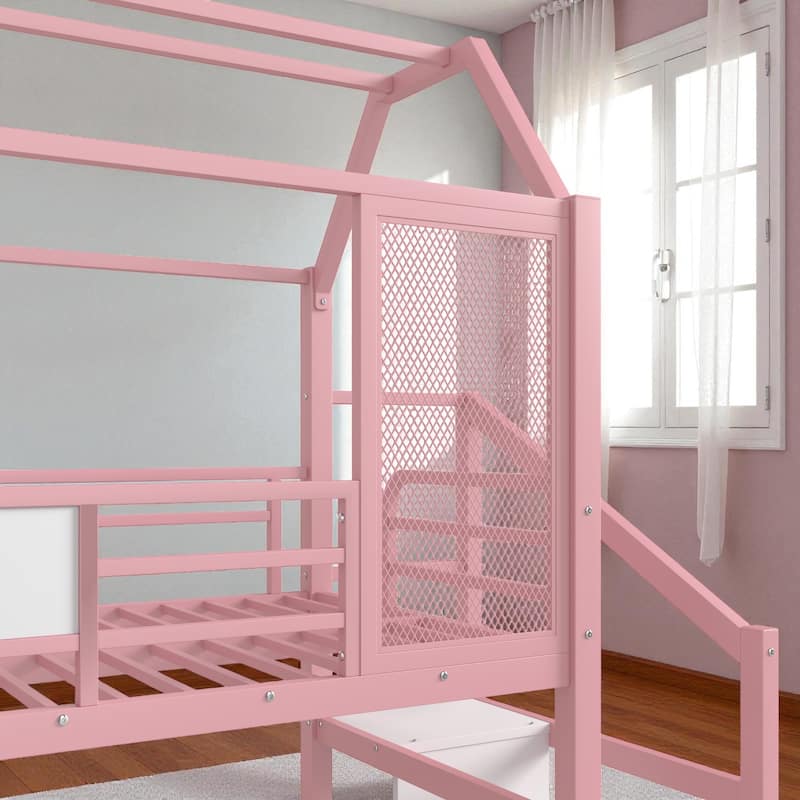 Twin/Full Metal House Loft Bed with Slide and Stairs, Kids Playhouse Bed with Roof, Storage Shelves & Guardrails