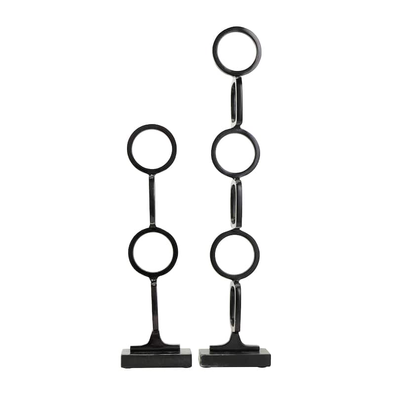 Silver, Gold or Black Aluminum Stacked Geometric Rings Sculpture with Marble Bases (Set of 2)