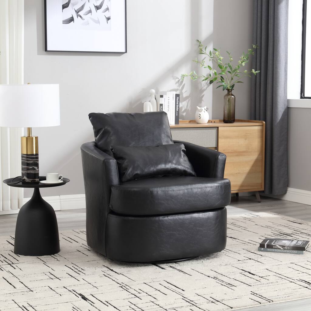 Black PU 32.68" Upholstered 360° Swivel Barrel Chair with Metal Base