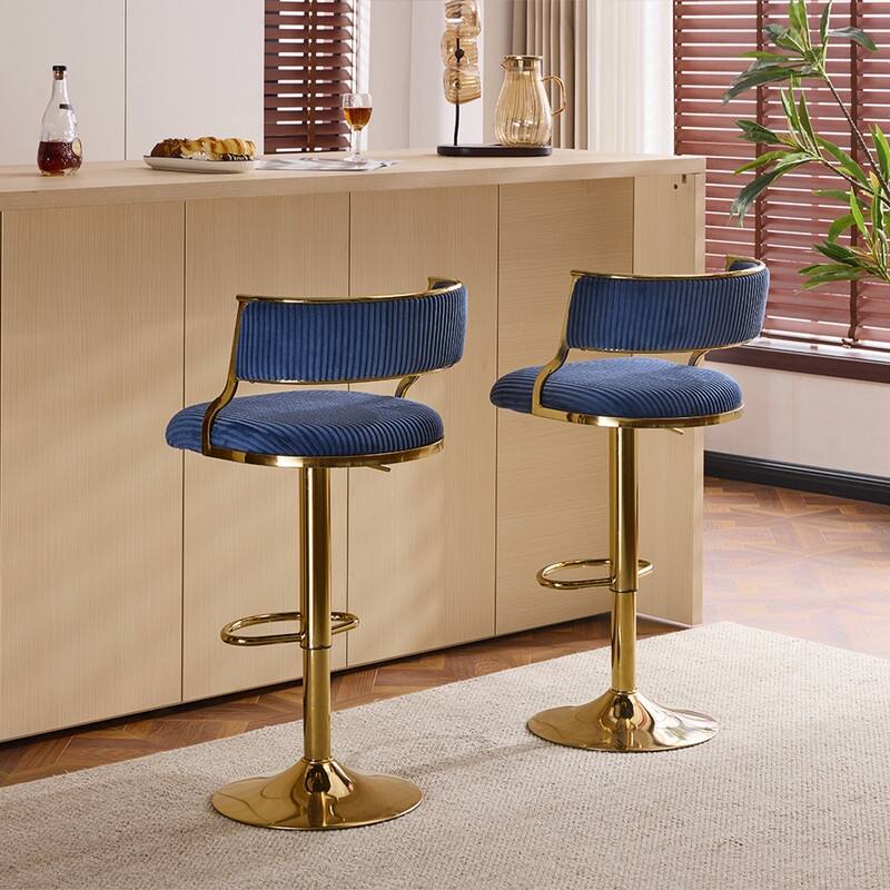 Corduroy Upholstered Adjustable Bar Stool with Gold Tone Base