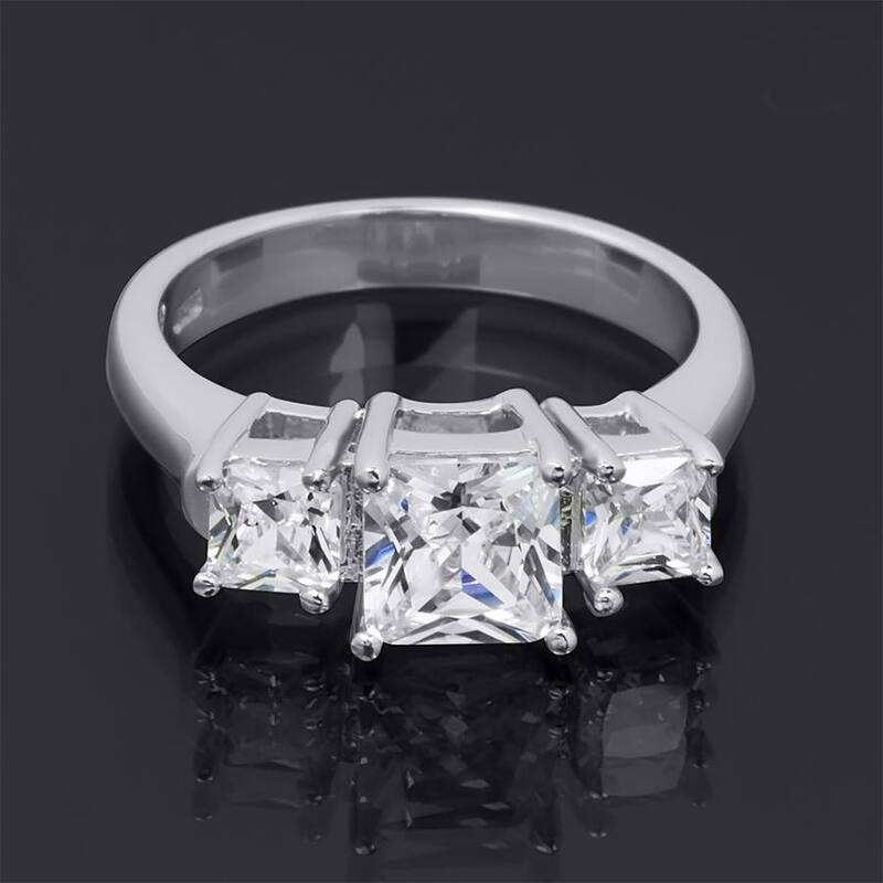 Platinum over Sterling Silver Three-Stone Princess Cut Engagement Ring