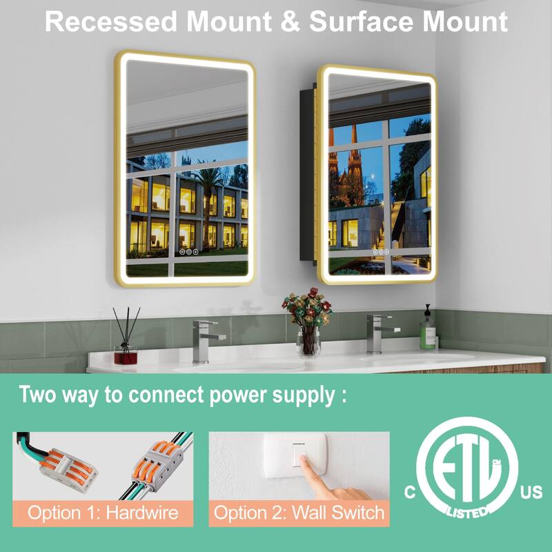 Milo LED Iron Medicine Cabinet with Mirror, Dimmable, Anti-fog, Adjustable Glass Shelves, Recessed or Surface Mount