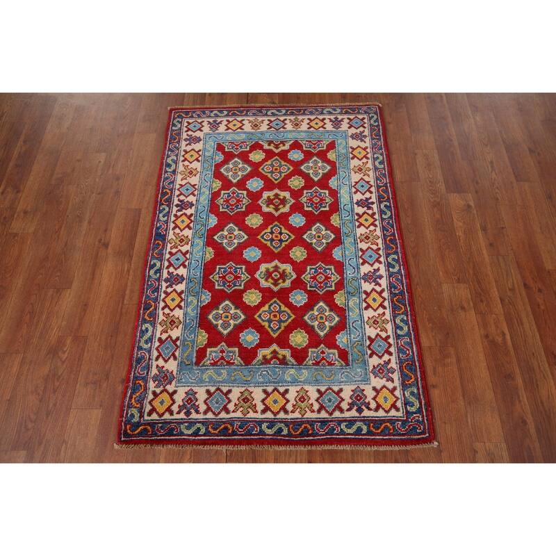 Kazak Accent Rug Hand-Knotted Geometric Red Wool Carpet - 2'8" x 4'1"