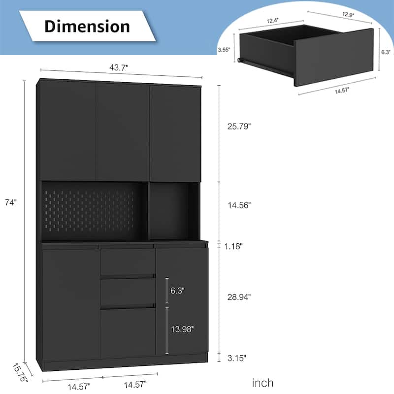 74" Freestanding Kitchen Pantry Cabinet w/Drawers, Storage Microwave - W43.66*D15.74*H74.00